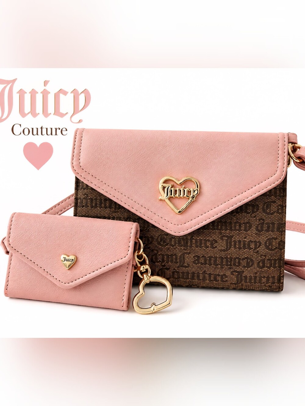 Juicy Couture Pink & Brown Monogram Crossbody Bag + Matching Card Holder NWOT